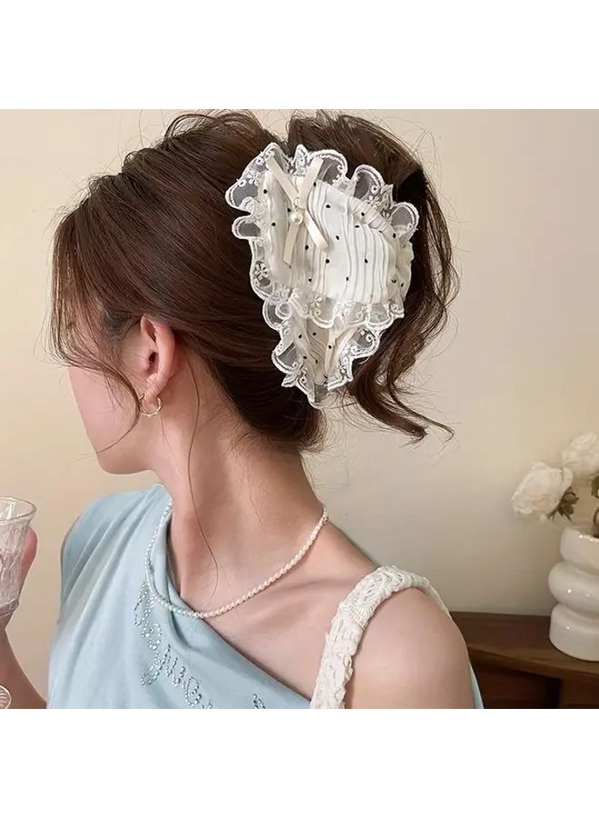 White Lace Bow French Style Shark Clip Hair Claw For Women Formal Events - Image 5